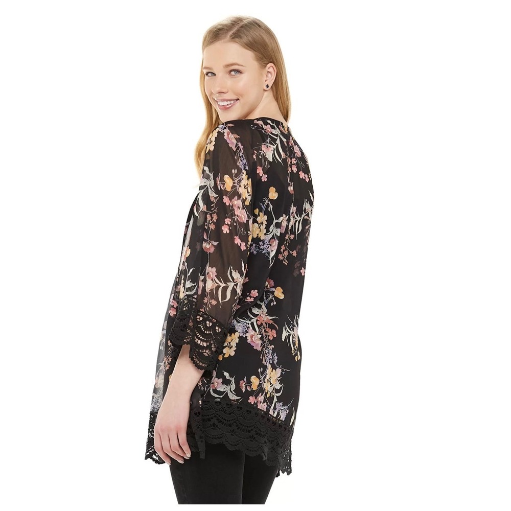Rewind Floral Kimono Wrap Black Sheer Crochet Lace Trim Large